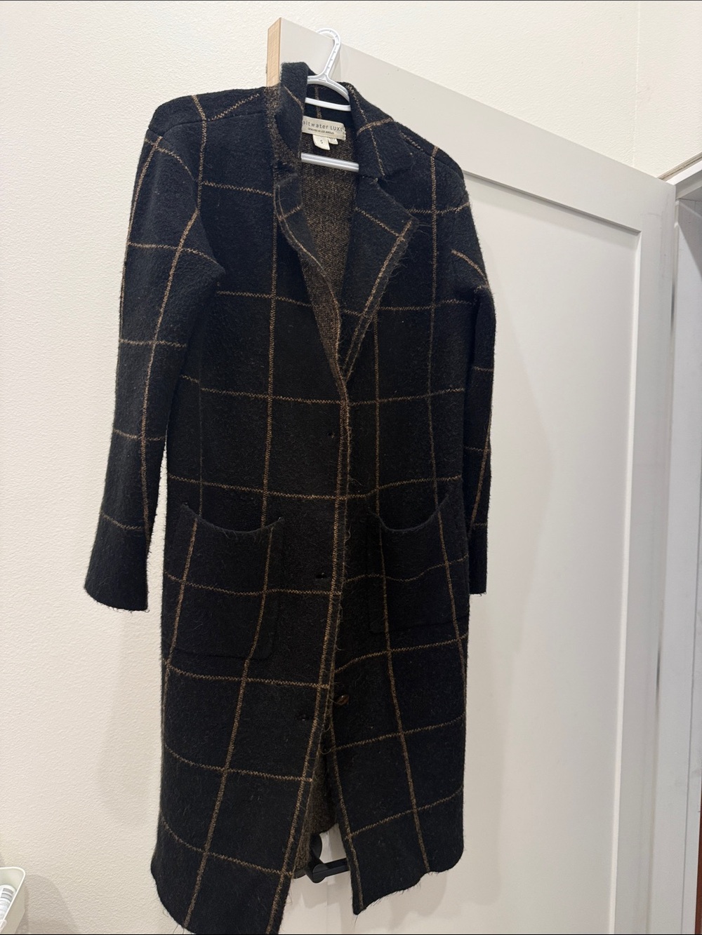 Long Windowpane Coatigan in Black and Brown - Unknown Brand